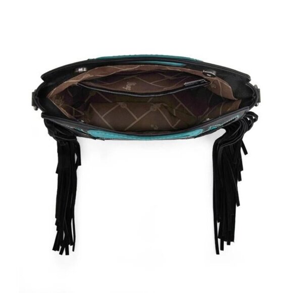 WG193-2003 Wrangler Top Handle Boot Scroll Fringe Tote/Crossbody -Black - Picture 3 of 4